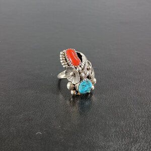 Native America Navajo Sterling Silver Coral & Turquoise Ring Max Calladitto 8.50